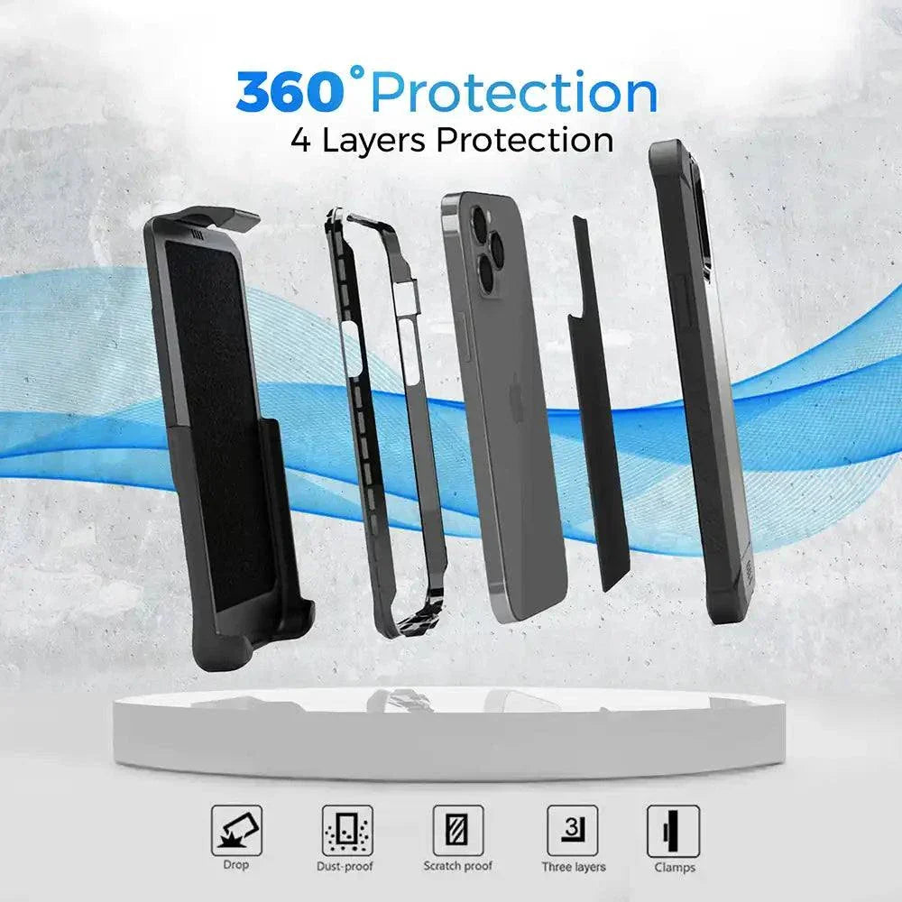 iPhone 13 Pro Max rugged case with belt clip and 360-degree protection layers displayed.