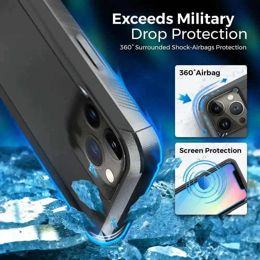 Rugged iPhone 13 Pro Max case with belt clip, military-grade drop protection, 360-degree defense.