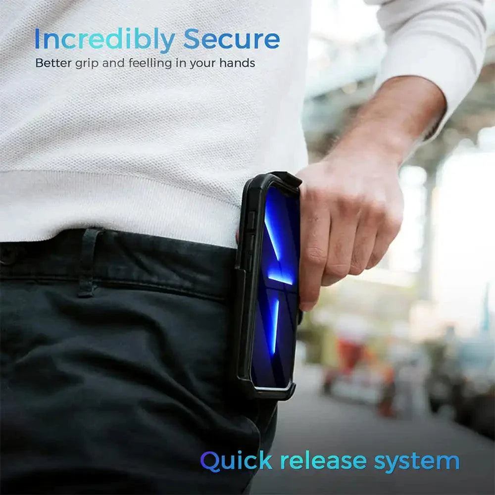 Rugged iPhone 13 Pro Max case with belt clip being used for secure grip and quick release system.