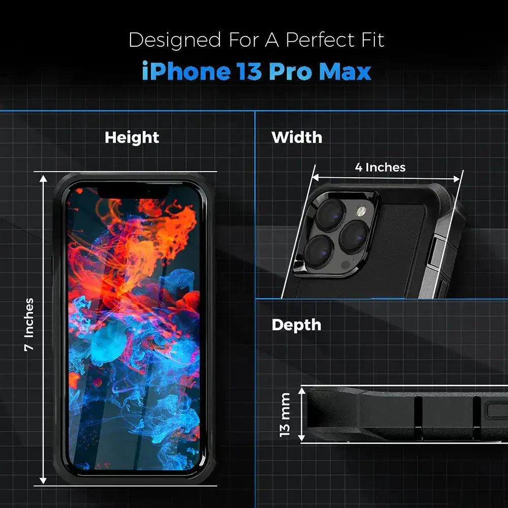 Rugged iPhone 13 Pro Max case with belt clip, dimensions highlighted.