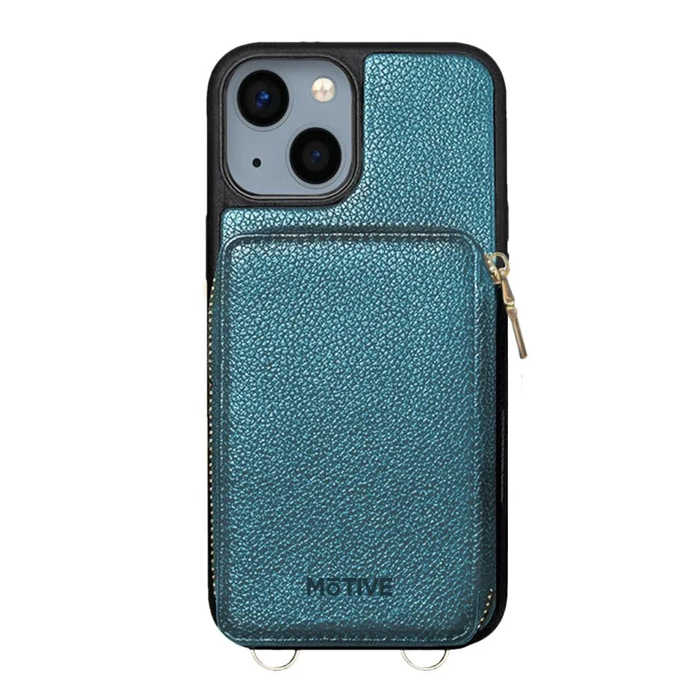 Wallet case for iPhone 14 Plus with RFID blocking, zipper purse, and crossbody strap.