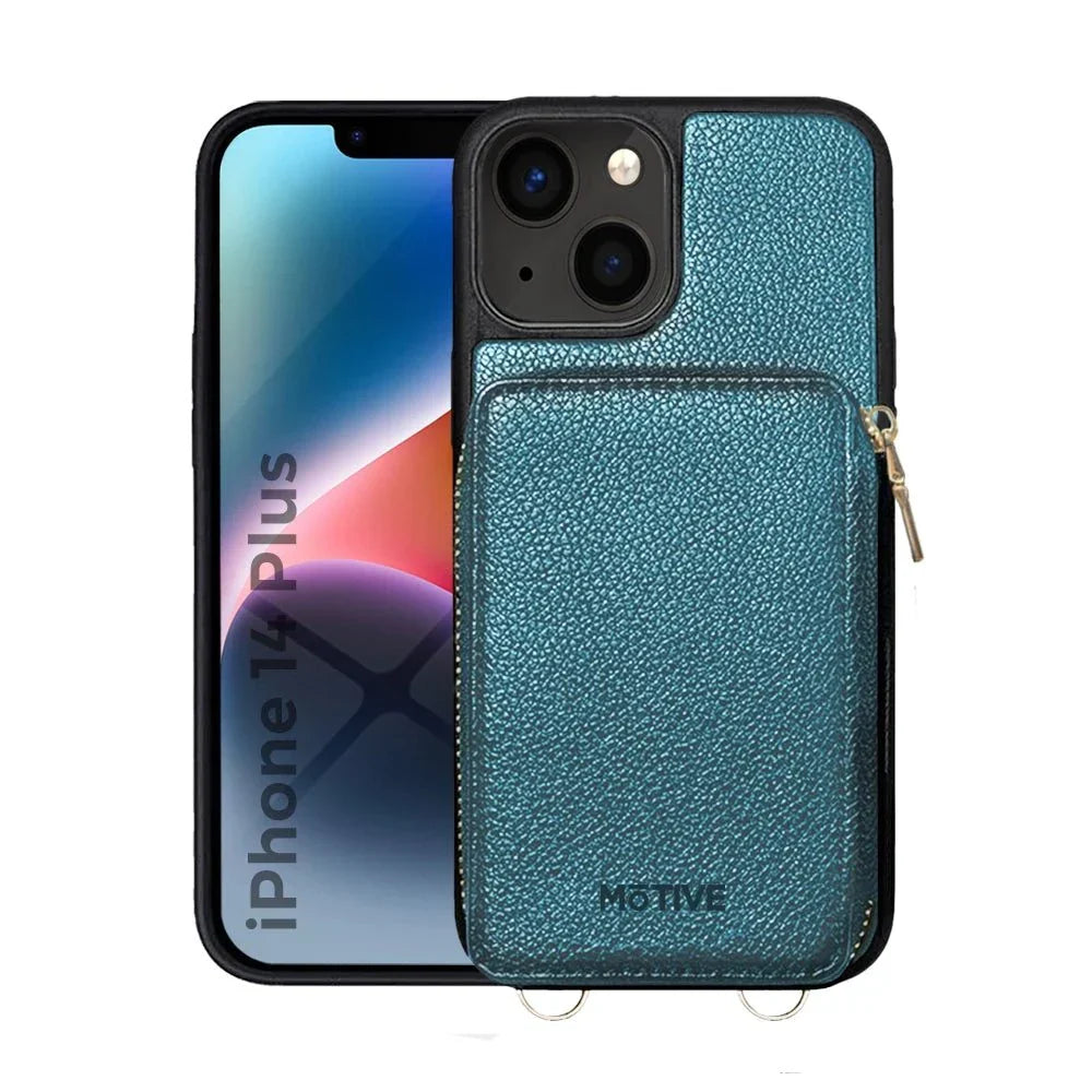 Wallet case for iPhone 14 Plus with zipper purse, RFID blocking, crossbody and wrist strap, ABS material, teal color.