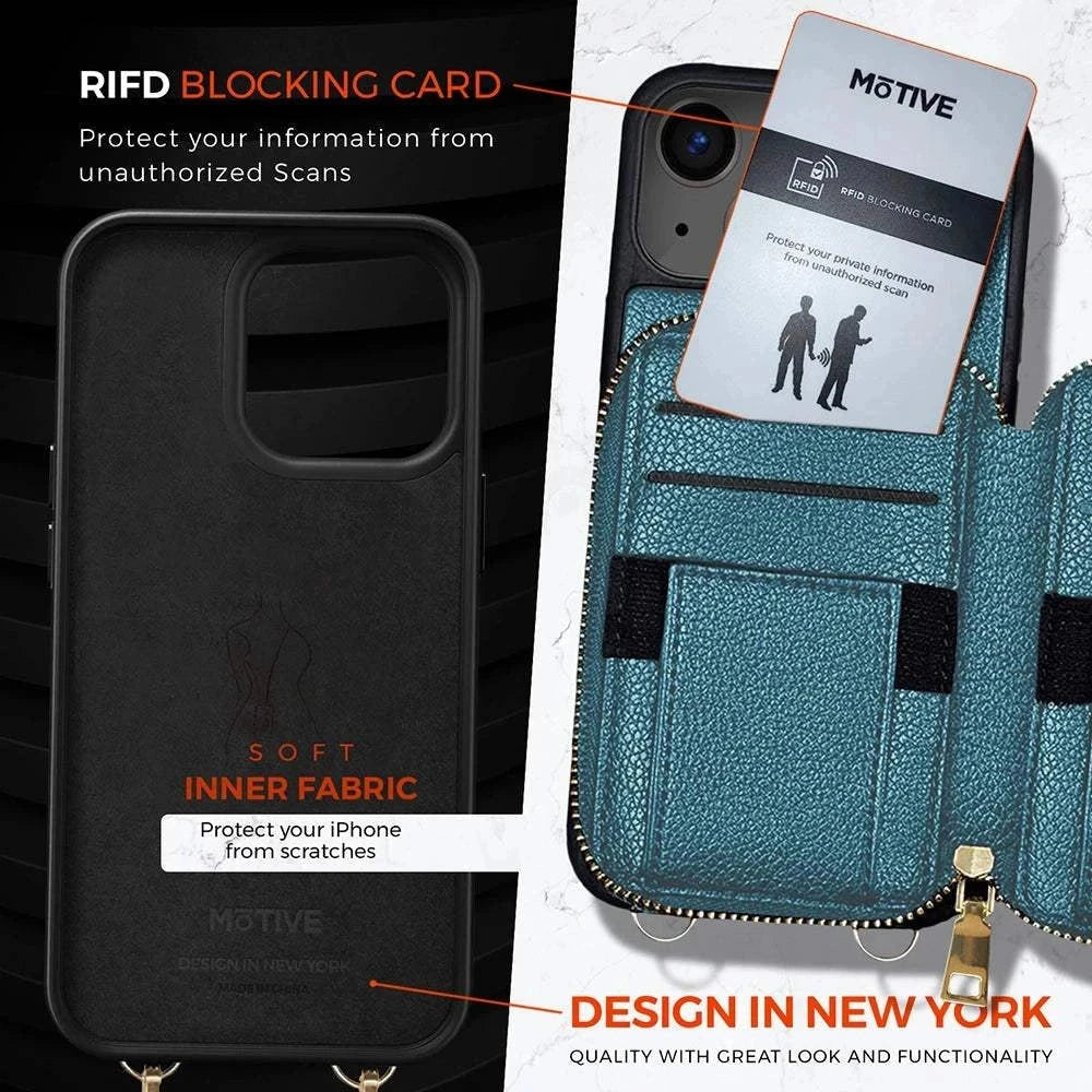 Wallet case for iPhone 14 Plus with zipper purse, RFID blocking card holder, crossbody and wrist strap, and 5mm bezel camera protection.