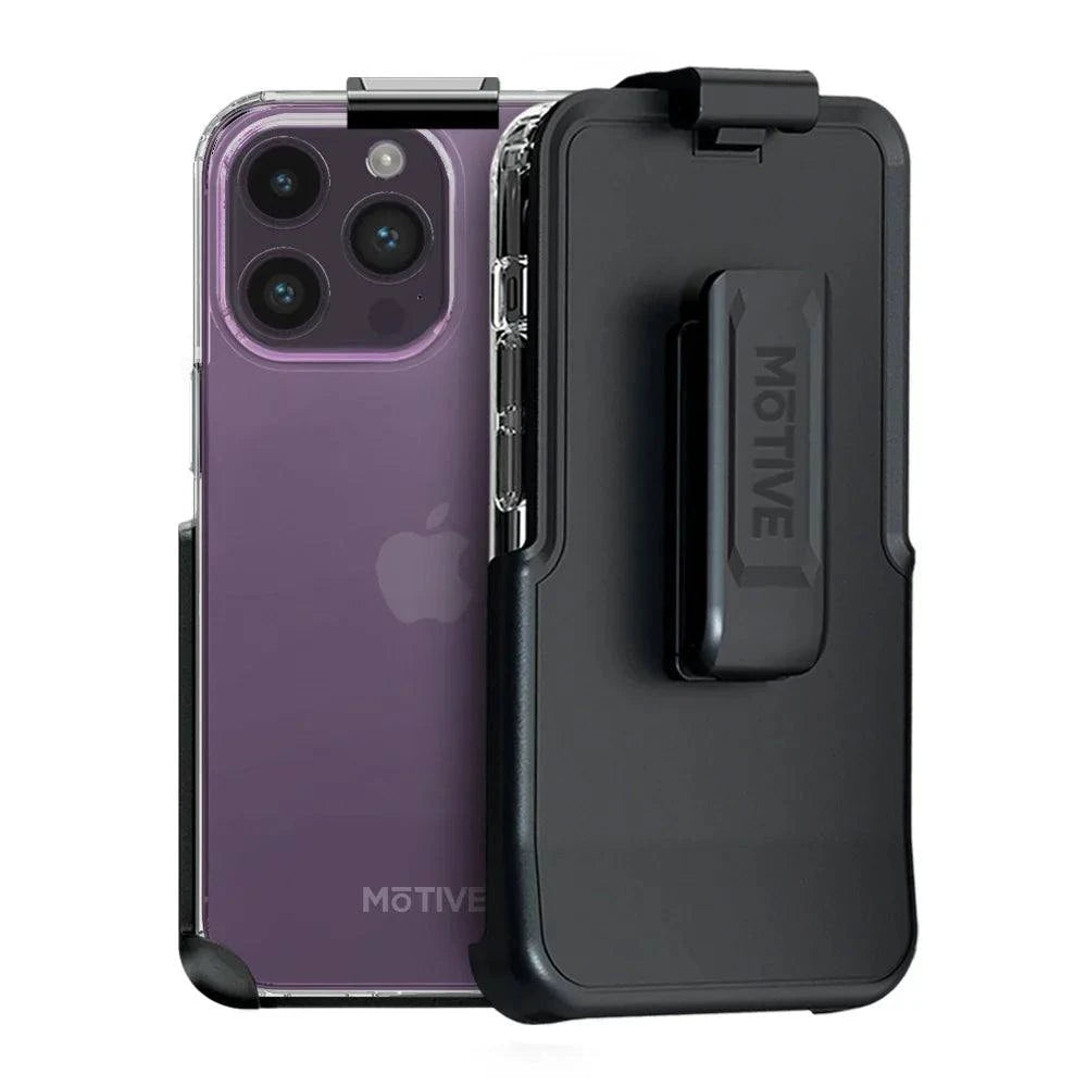 Clear iPhone 14 Pro Max case with shockproof protection and holster.
