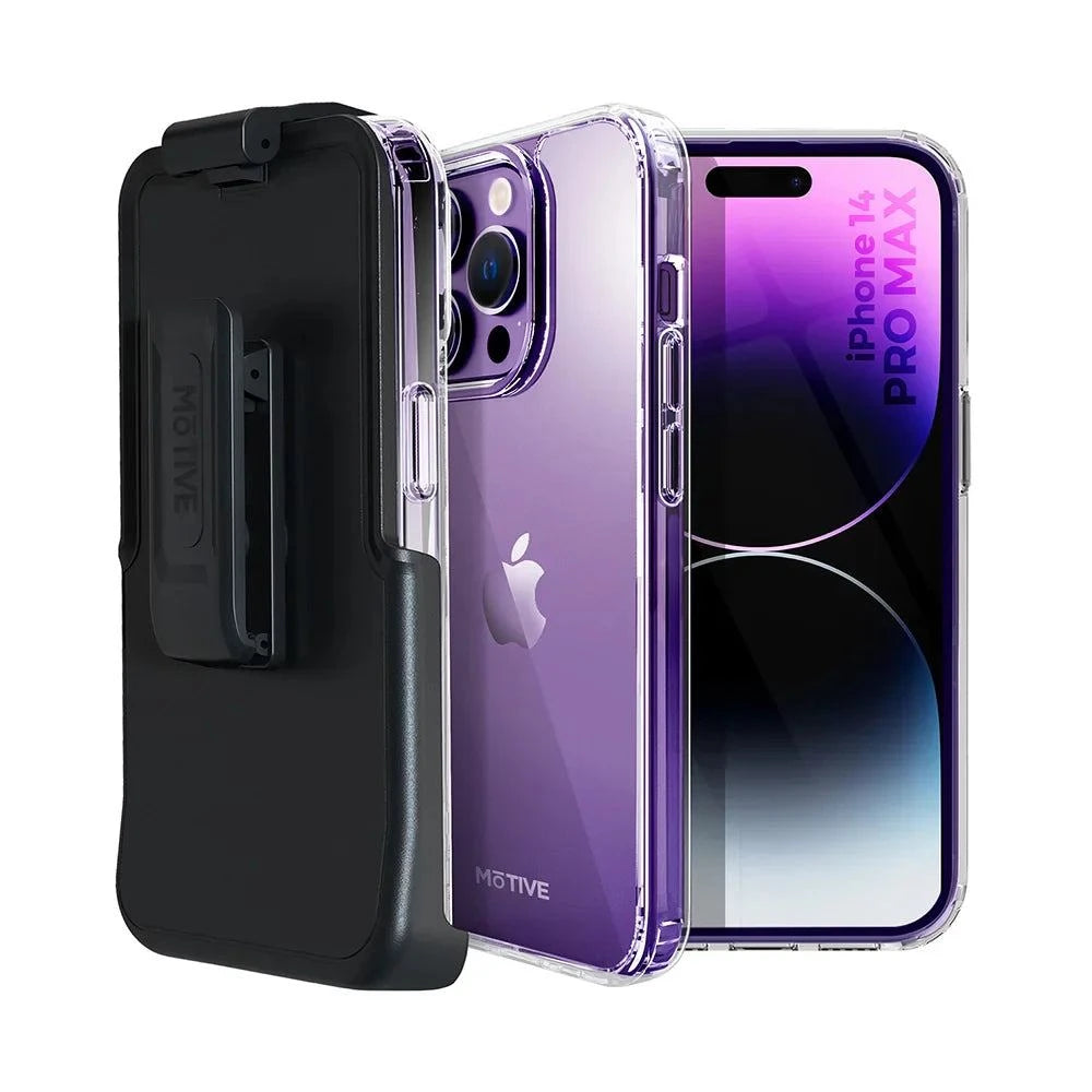 Clear iPhone 14 Pro Max case with holster, showcasing crystal-clear design and military-grade shockproof protection.