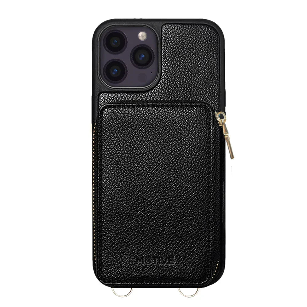 iPhone 14 Pro Max wallet case with RFID-blocking zipper purse and straps.