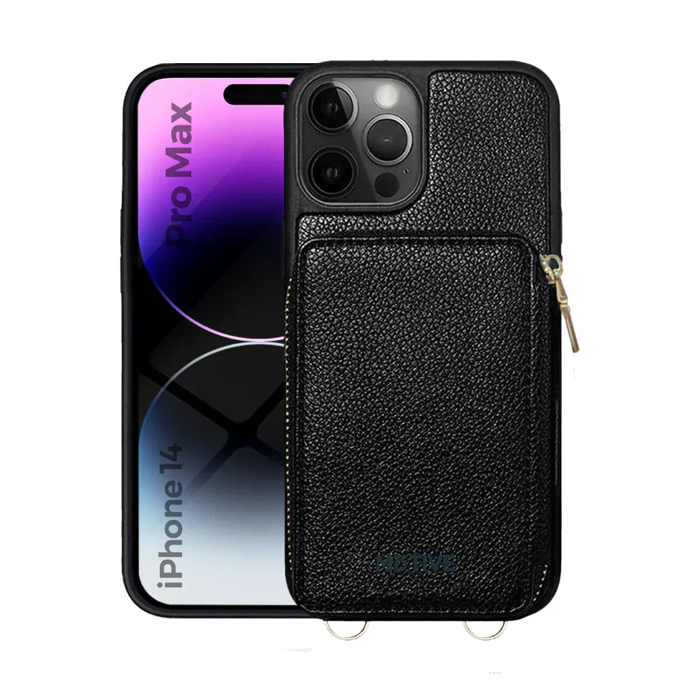 iPhone 14 Pro Max wallet case with zipper purse, RFID-blocking, crossbody and wrist straps, durable ABS material.