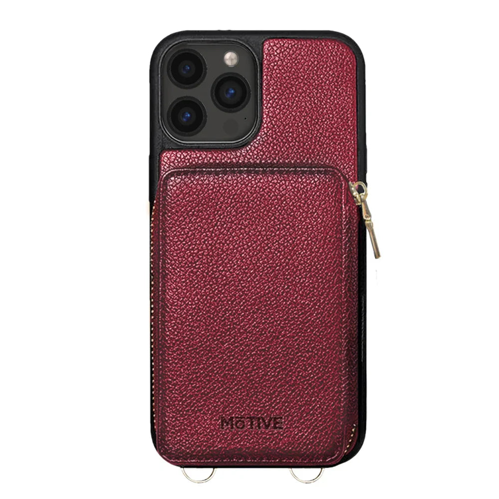crossbody wallet phone case for iPhone 14 Pro with zipper purse, RFID blocking, and camera protection.