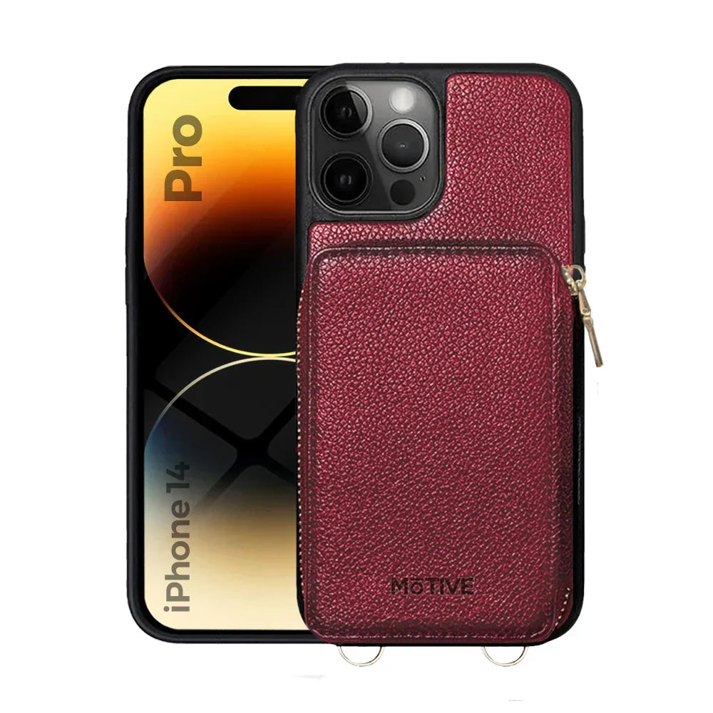 crossbody wallet phone case for iPhone 14 Pro with zipper purse, RFID blocking card holder, crossbody and wrist strap, camera protection, ABS material, red color.