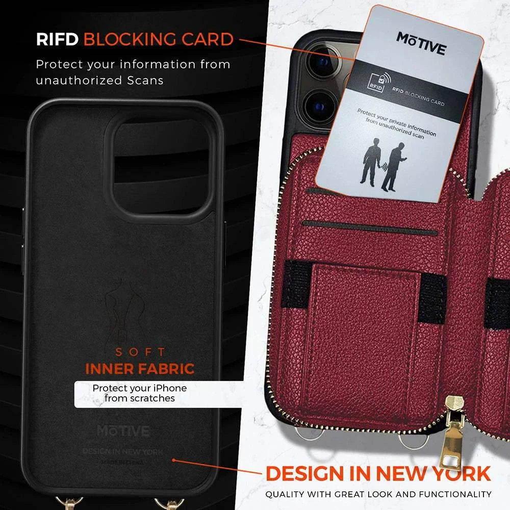 Wallet Phone Case for iPhone 14 Pro with RFID blocking, zipper purse, crossbody and wrist straps, and ABS material.