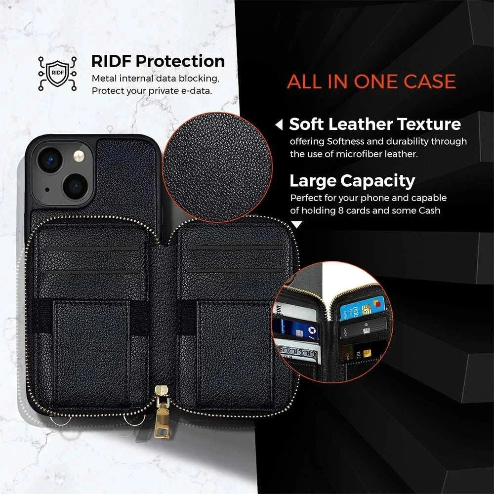 Wallet case for iPhone 14 with zipper purse, RFID blocking, crossbody and wrist strap, 5mm camera protection, ABS material.