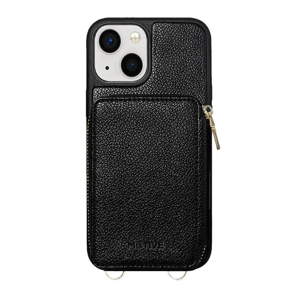 Wallet case for iPhone 14 with zipper purse, RFID blocking, and crossbody strap.