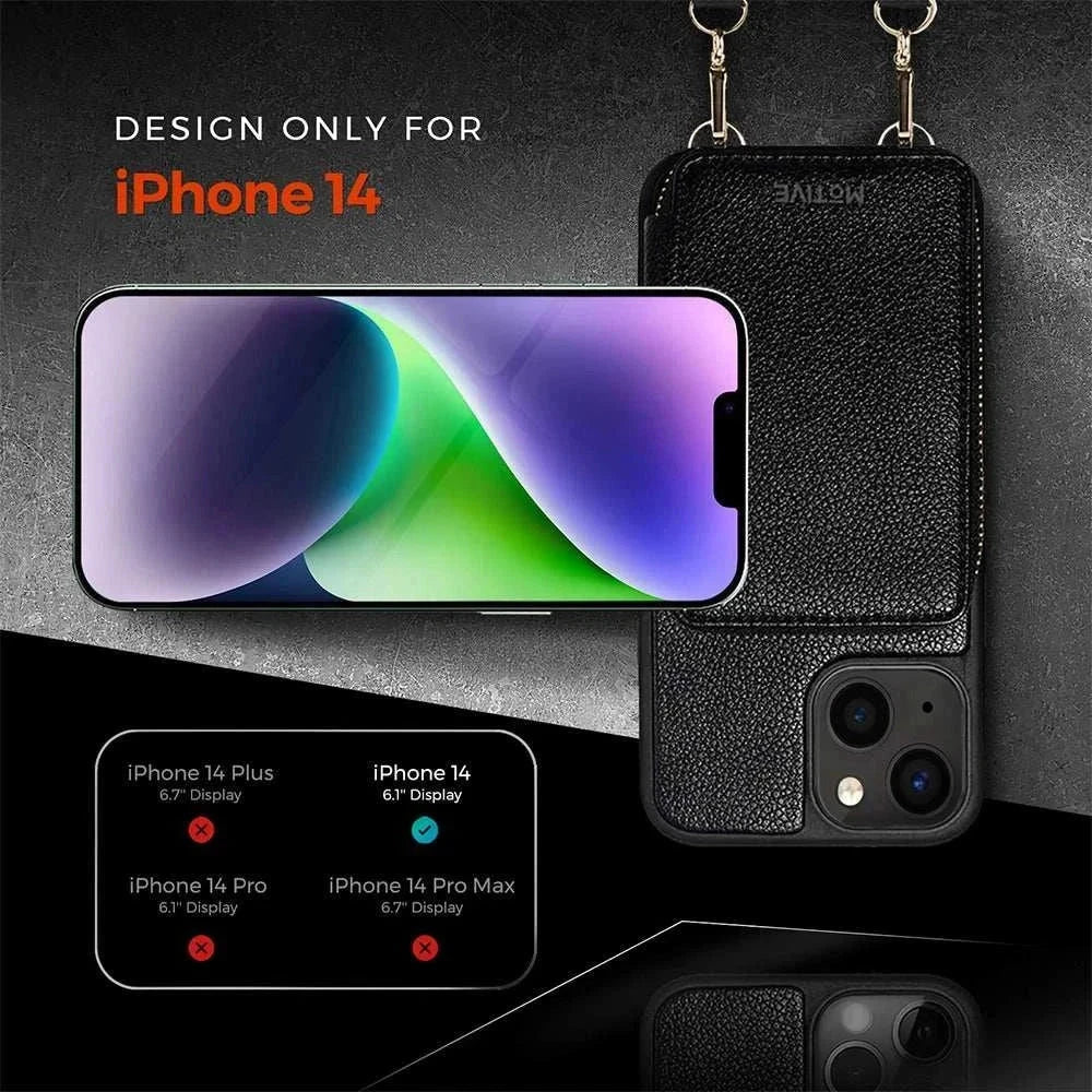 Wallet case for iPhone 14 with zipper, RFID card holder, crossbody strap, and 5mm camera protection.