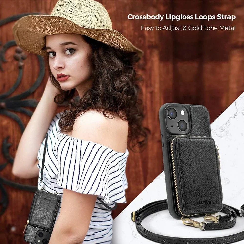 Zipper purse wallet case for iPhone 14 with crossbody and wrist strap, RFID blocking, camera protection, shown with woman outdoors.