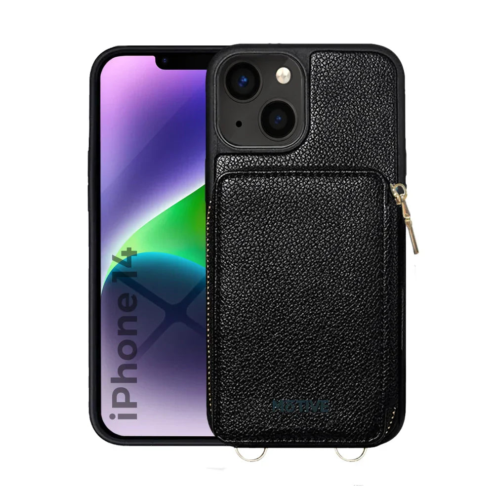Wallet case for iPhone 14 with zipper purse, RFID blocking card holder, crossbody and wrist strap, 5mm camera protection, ABS material.