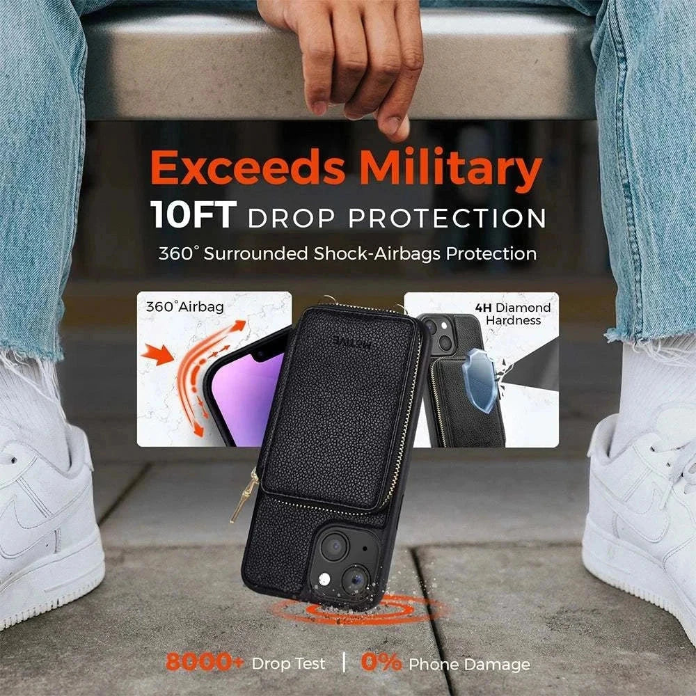 Wallet case for iPhone 14 with zipper purse, RFID blocking, crossbody and wrist straps, 5mm bezel camera protection, and military-grade drop protection.