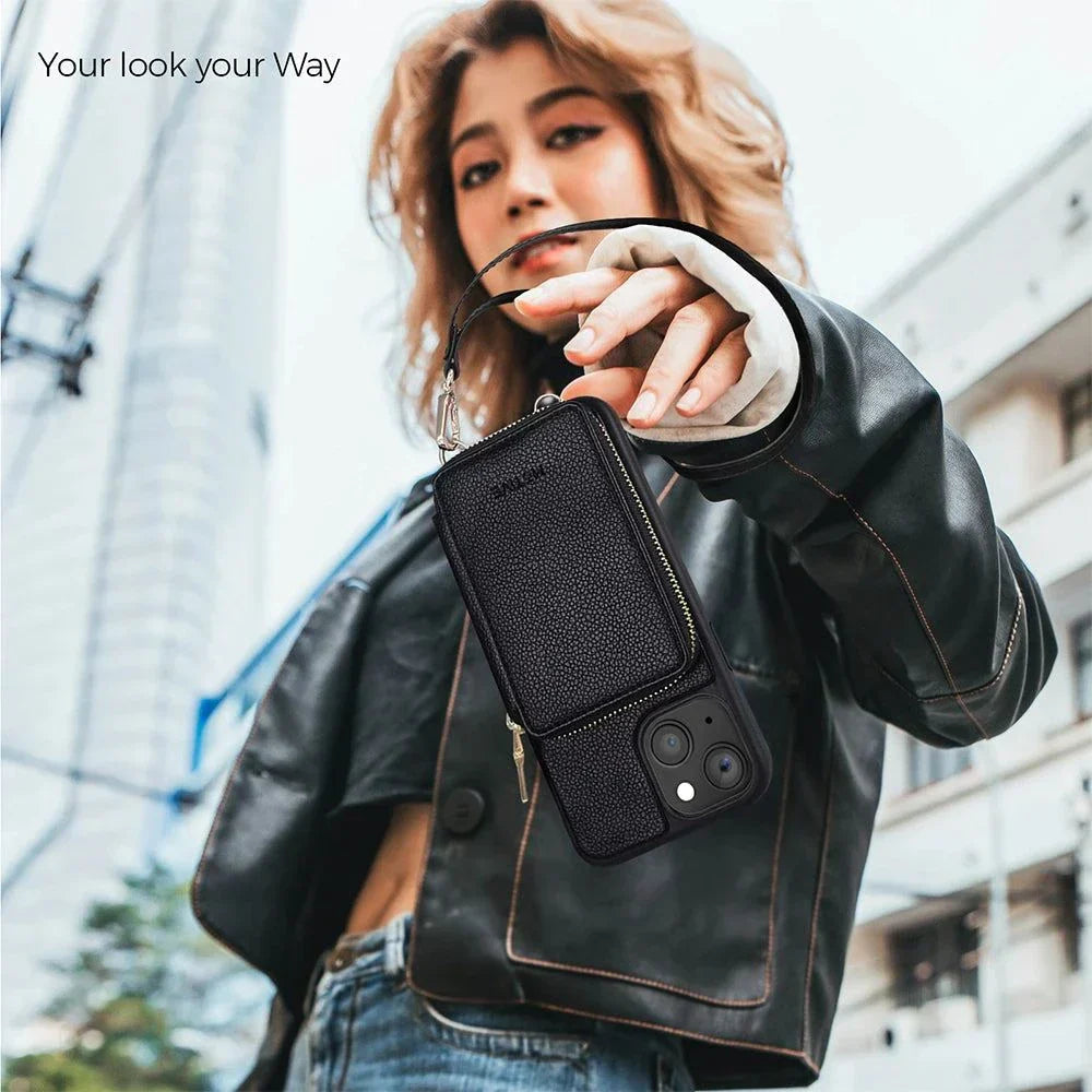 Wallet case for iPhone 14 with RFID blocking, zipper purse, and crossbody strap.