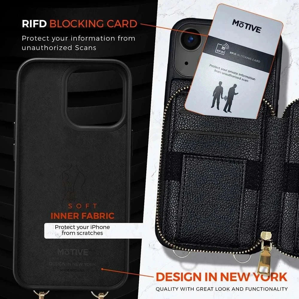 Wallet case for iPhone 14 with RFID blocking, zipper purse, crossbody strap, and camera protection.