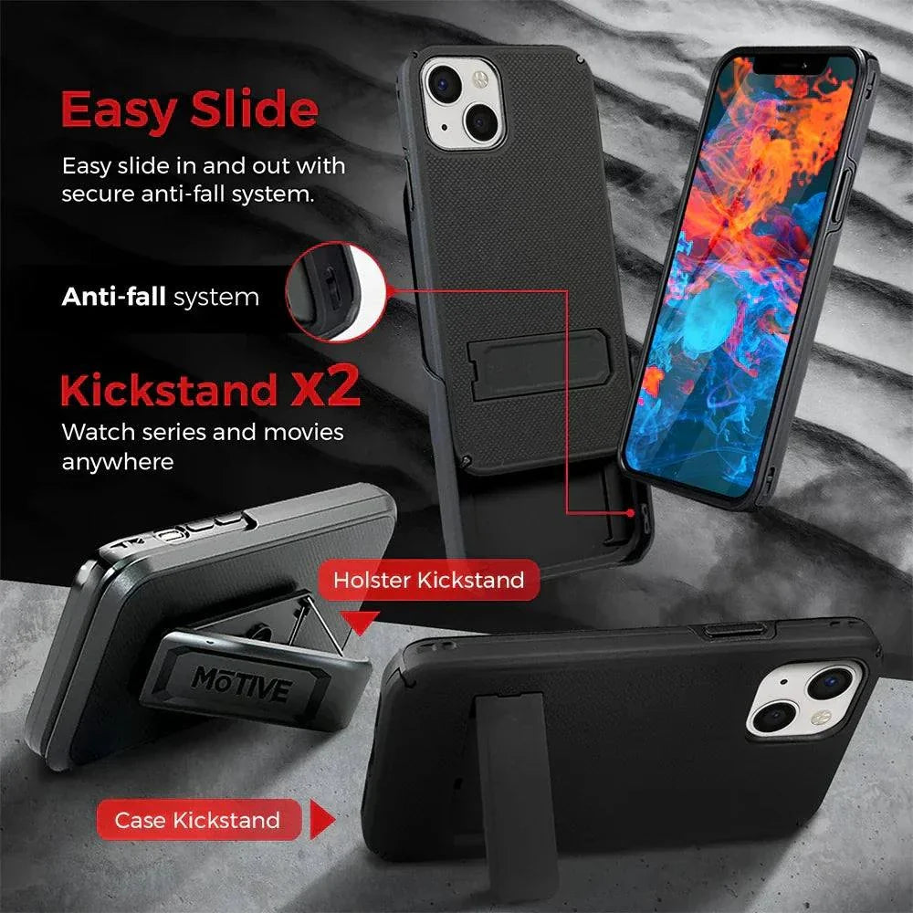 iPhone 13 case with belt clip, kickstand, anti-fall system, and protective design.