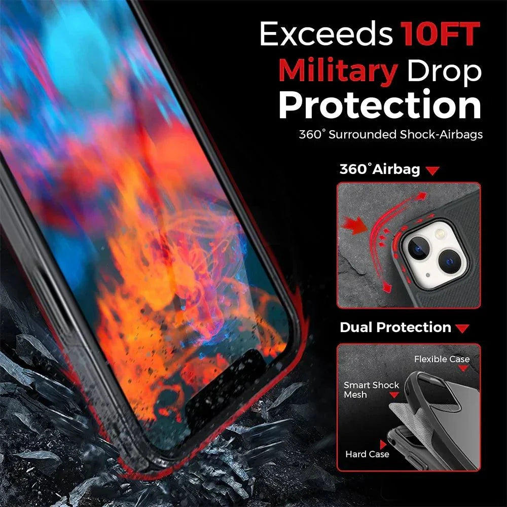 iPhone 13 case with belt clip, military-grade drop protection, 360° airbags, dual protection.