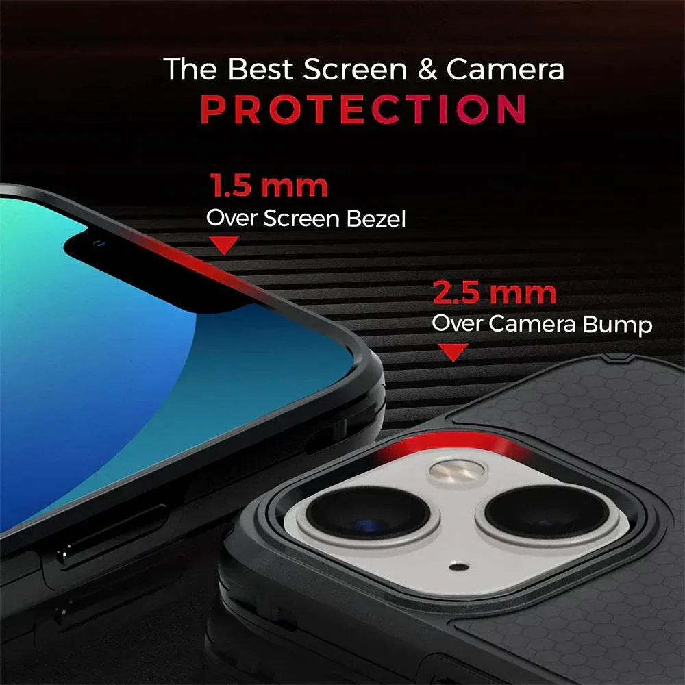 iPhone 13 case with belt clip showcasing screen and camera protection features.