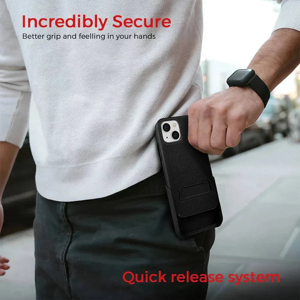 iPhone 13 case with belt clip, secure grip, quick release system in use.