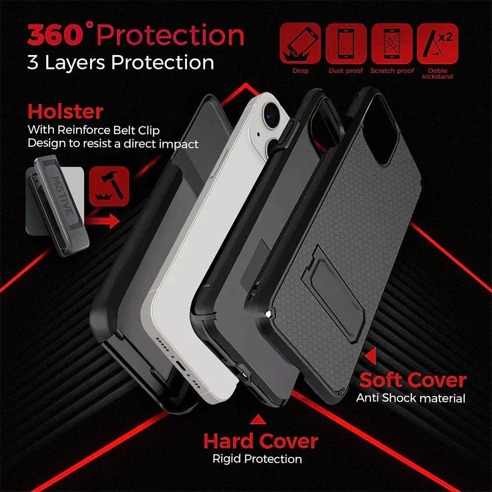 iPhone 13 case with belt clip, 360° protection, 3-layer rugged design, holster, anti-shock material.