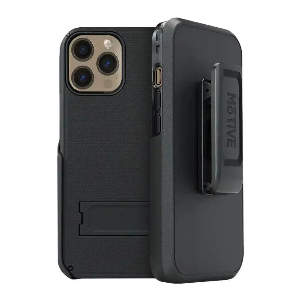 iPhone 13 Pro holster with belt clip, kickstand, and military-grade protection.