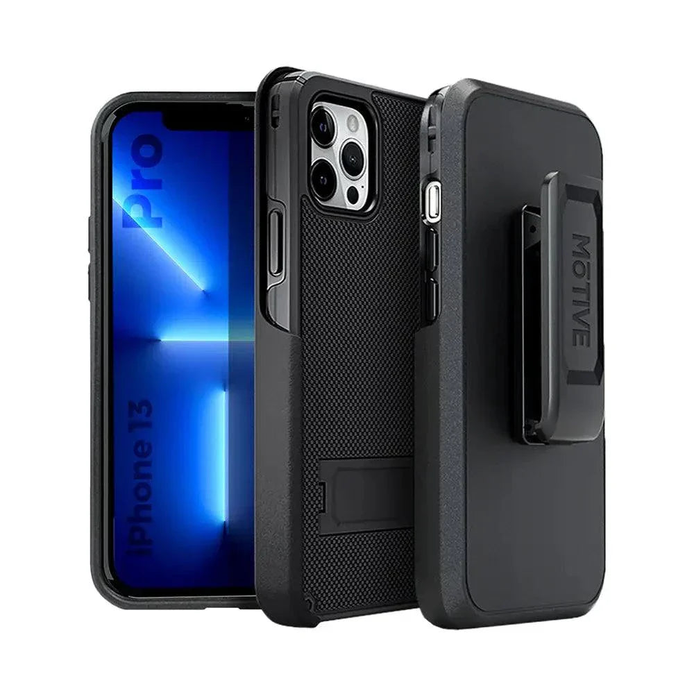 iPhone 13 Pro Holster with belt clip, kickstand, and card slot for rugged protection.