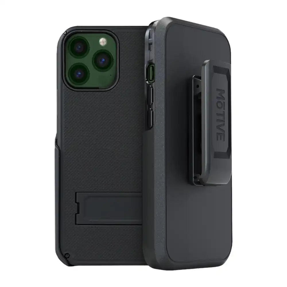 iPhone 13 Pro Max holster with belt clip and kickstand, rugged protective case.