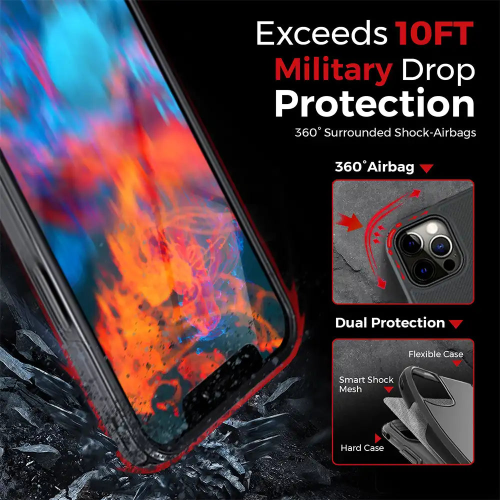 iPhone 13 Pro Max Holster with belt clip and kickstand, offering 360° military-grade drop protection and dual kickstands.