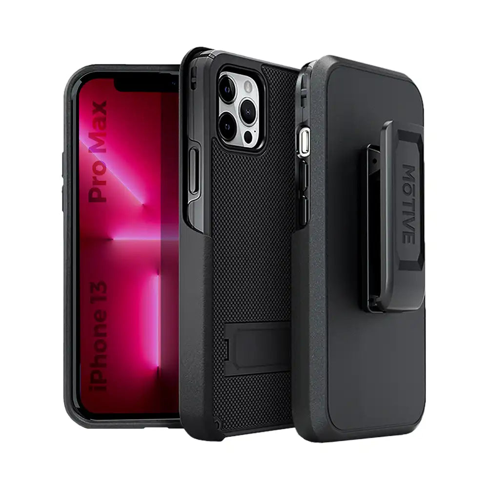 iPhone 13 Pro Max holster case with belt clip and kickstand for rugged protection.