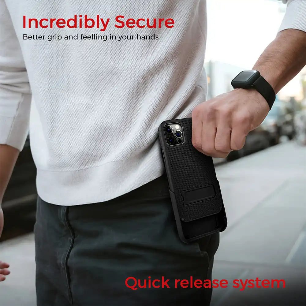 iPhone 13 Pro Max holster with belt clip and kickstand in use, showcasing secure grip and quick release system.