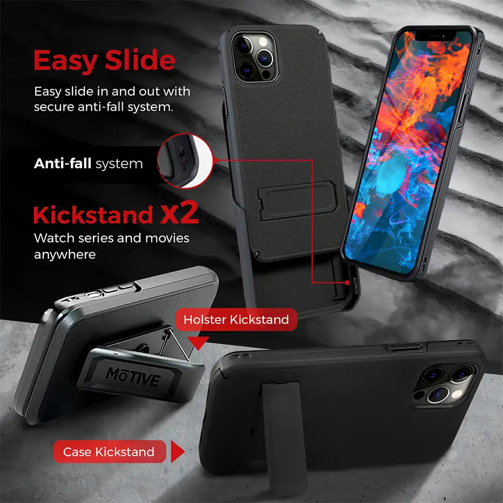 iPhone 13 Pro Max Holster with belt clip and dual kickstands for secure and versatile phone use.