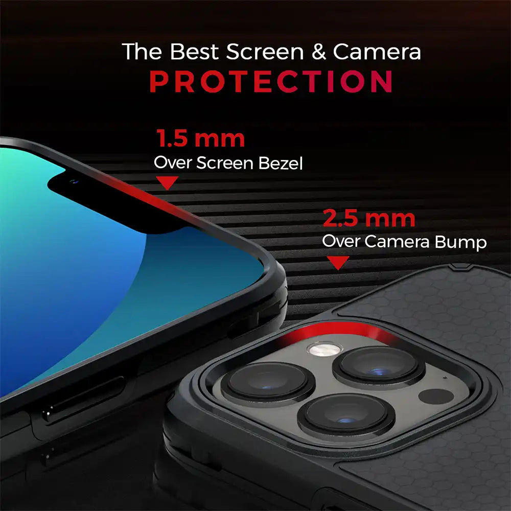 iPhone 13 Pro Max Holster with belt clip, dual kickstands, and 360° rugged protection for screen and camera.