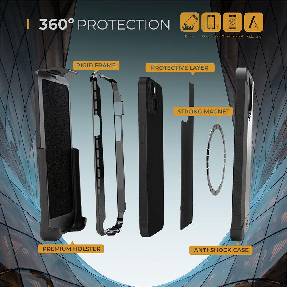 iPhone 15 Plus heavy-duty holster case with 360-degree protection, drop-tested, includes belt clip and kickstand.