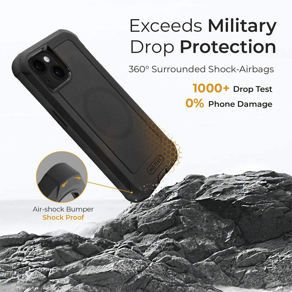 iPhone 15 Plus heavy duty holster case with military-grade drop protection and built-in kickstand.