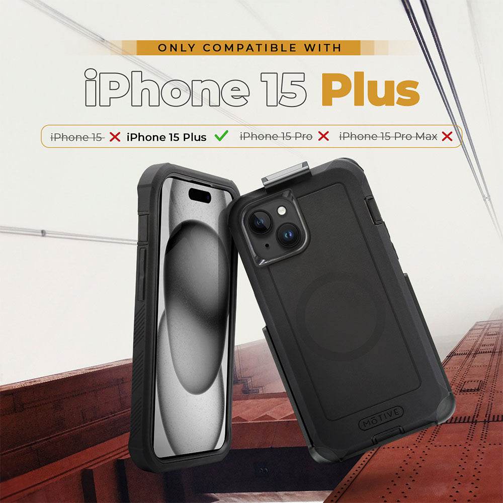 Heavy duty iPhone 15 Plus holster with belt clip and kickstand for ultimate protection and convenience.