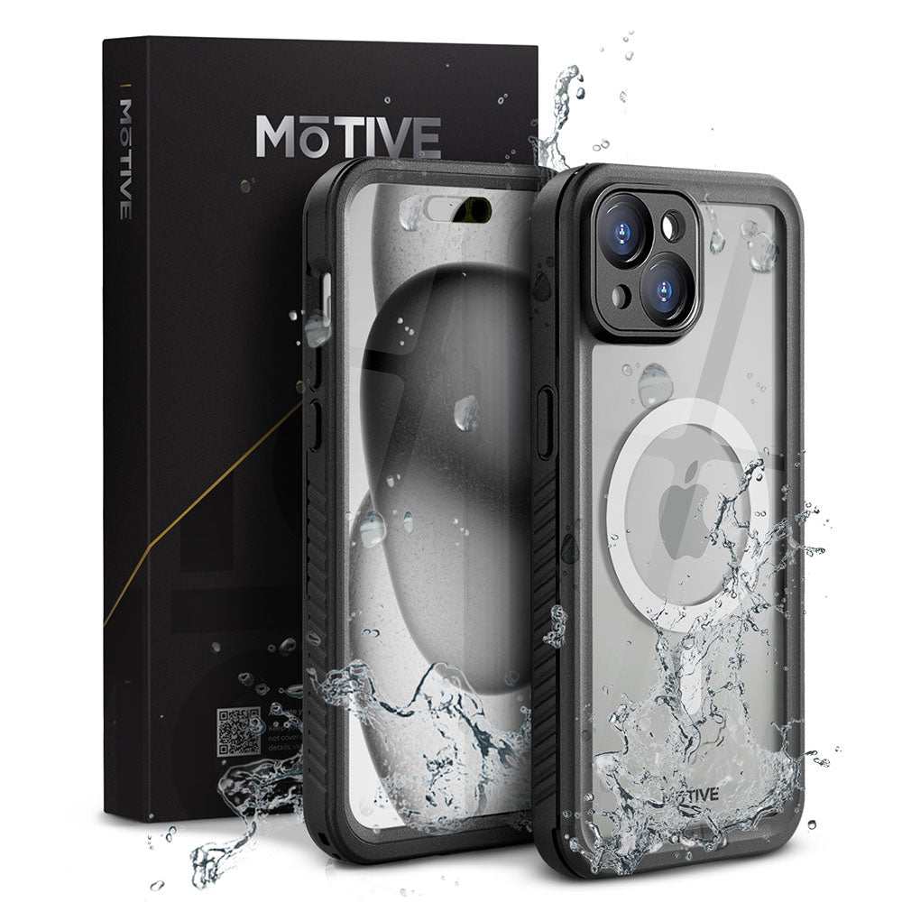 Waterproof Case iPhone 15  with water splashes, showcasing rugged protection and stylish design for adventure.