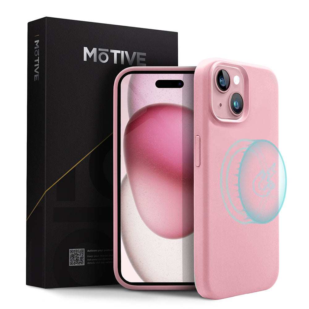 Silicone Case iPhone 15 in pink, slim and protective with MagSafe compatibility, enhancing grip and style.