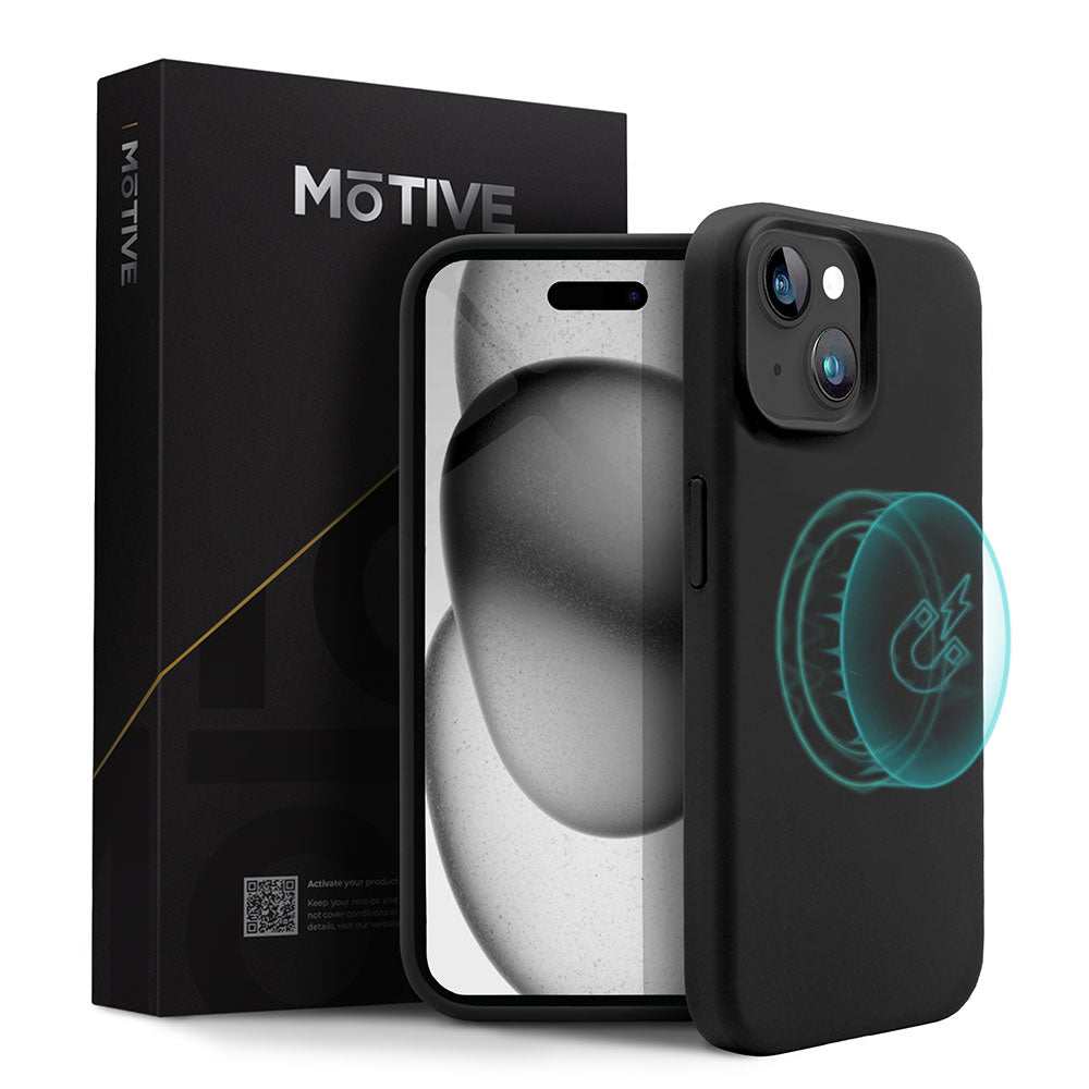 Liquid silicone slim case for iPhone 15 Plus, black, offers style, seamless charging, and protection.