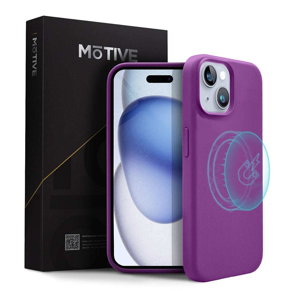 Purple Liquid Silicone Slim Case for iPhone 15 Plus with Comprehensive Protection and Seamless Charging.