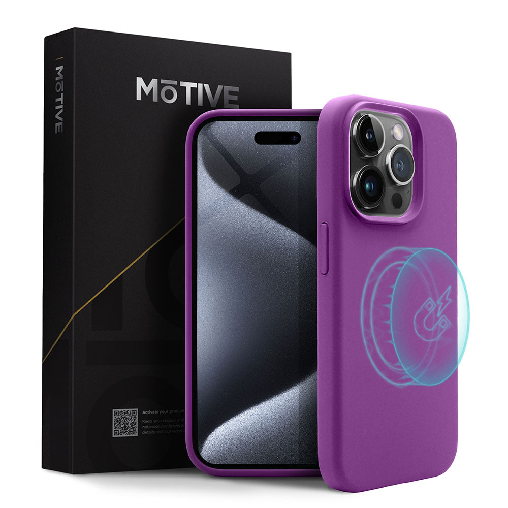 Purple Silicone Case for iPhone 15 Pro with box, slim fit design, wireless charging compatibility.