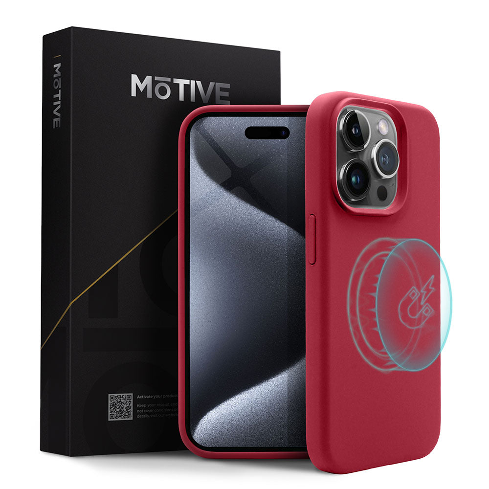 Silicone case for iPhone 15 Pro in red, slim fit, designed for style and protection, with wireless charging compatibility.