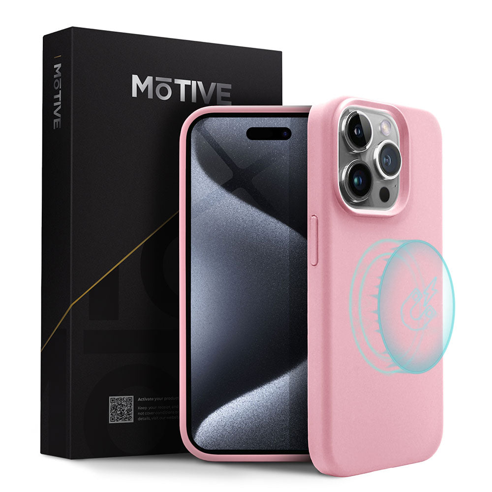 Silicone Case for iPhone 15 Pro in pink, slim fit design, supports wireless charging, offers style and protection.
