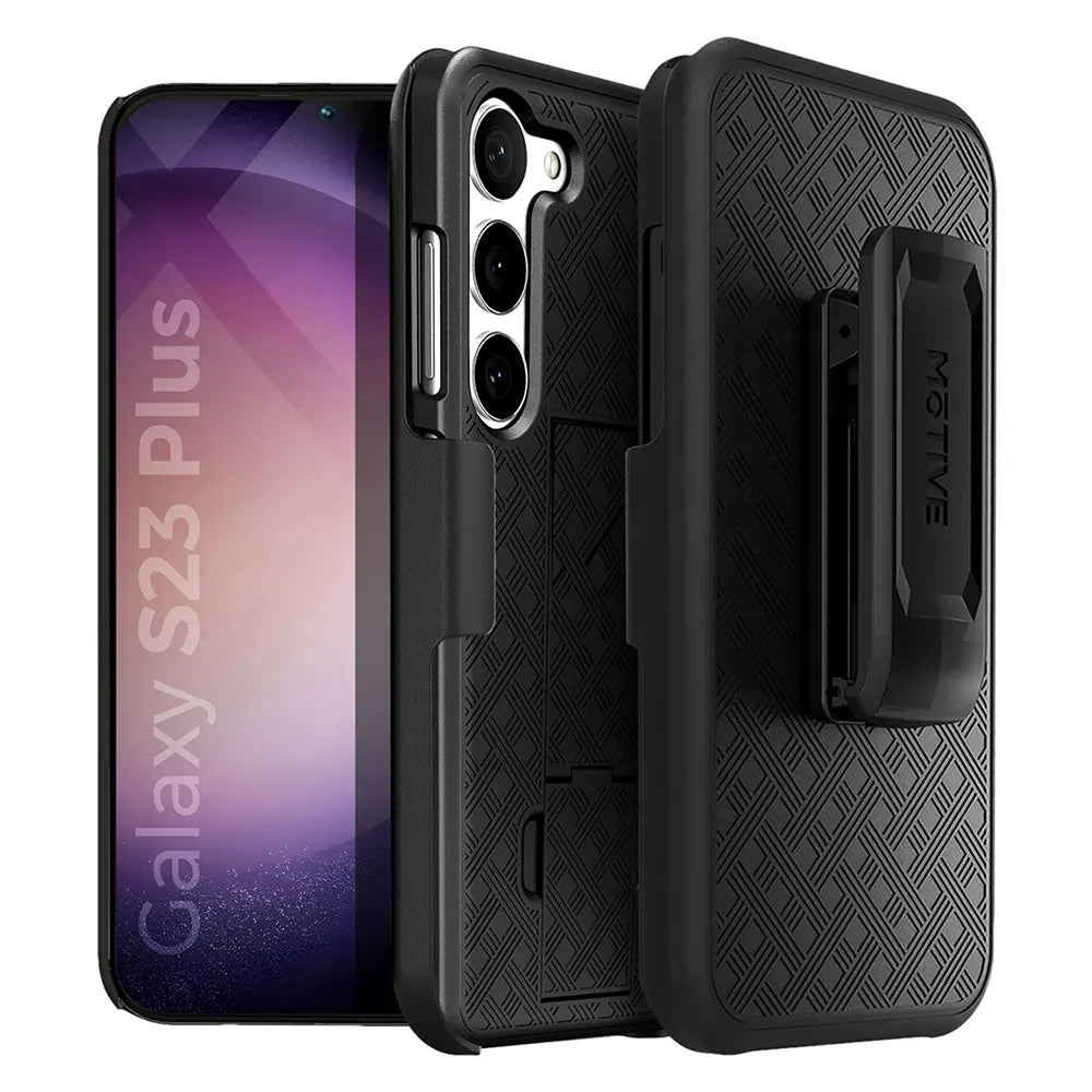 Samsung S23 Plus case with belt clip, rugged protection, military-grade shockproof, dual kickstands, durable polycarbonate shell.