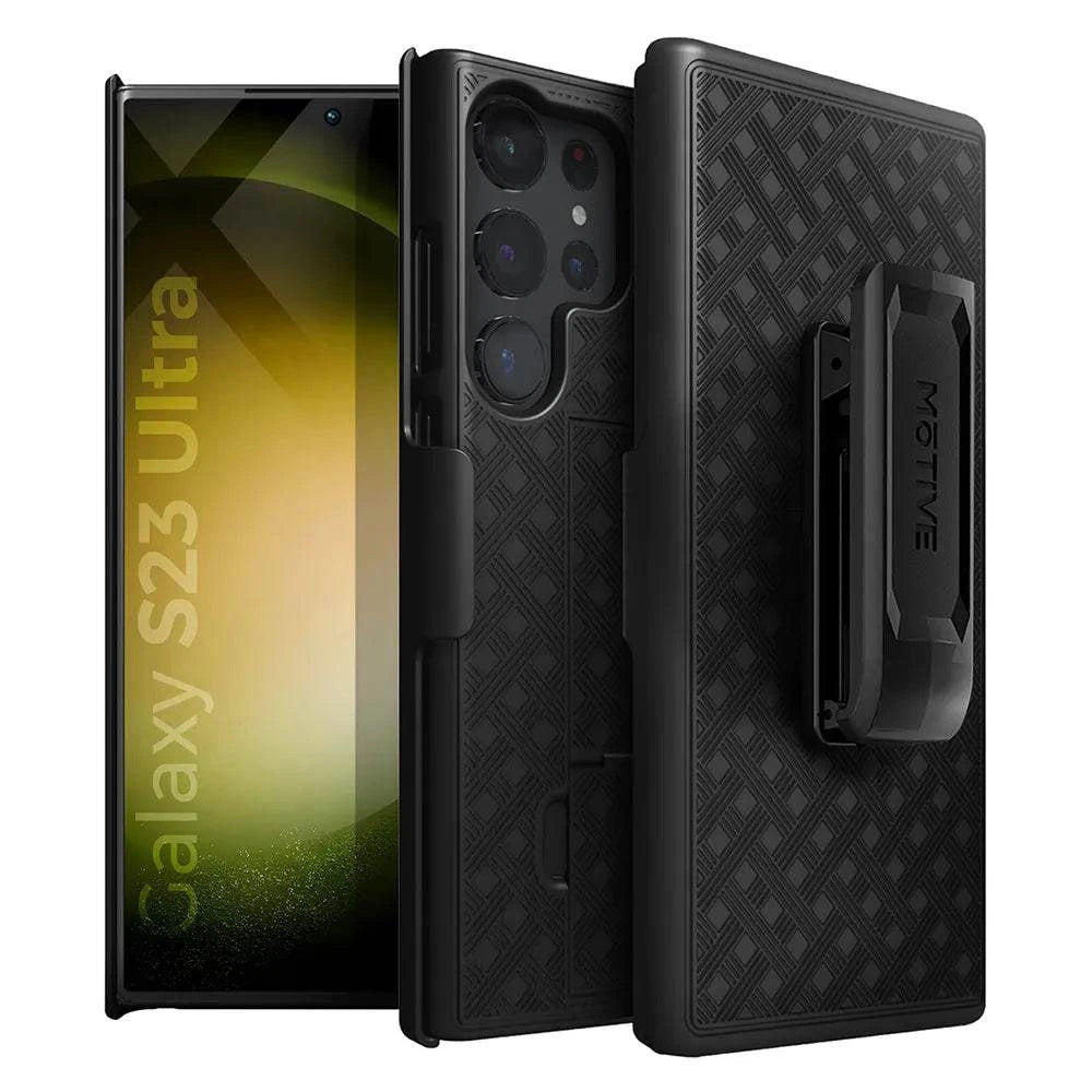 Rugged Galaxy S23 Ultra case with belt clip and dual kickstands.