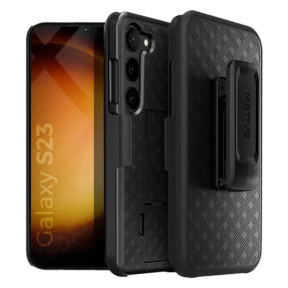 Samsung S23 case with belt clip, durable design, quad-layer protection, black.