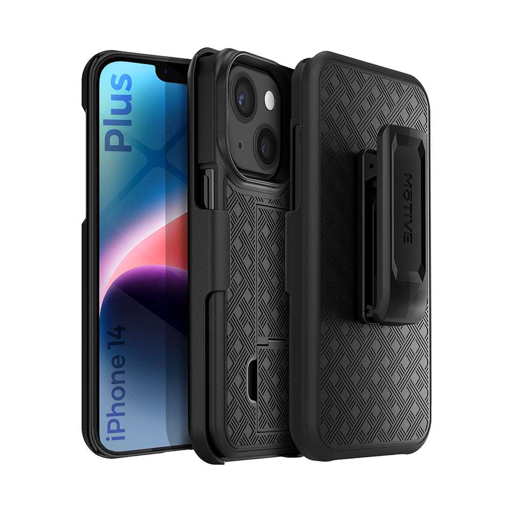 Durable iPhone 14 Plus case with belt clip, featuring 360° protection, military-grade drop protection, and a built-in kickstand.