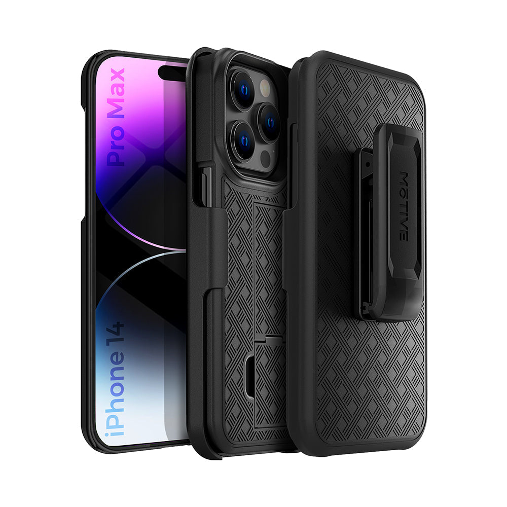 iPhone 14 Pro Max holster case with belt clip and kickstand, featuring quad-layer protection and shockproof design.